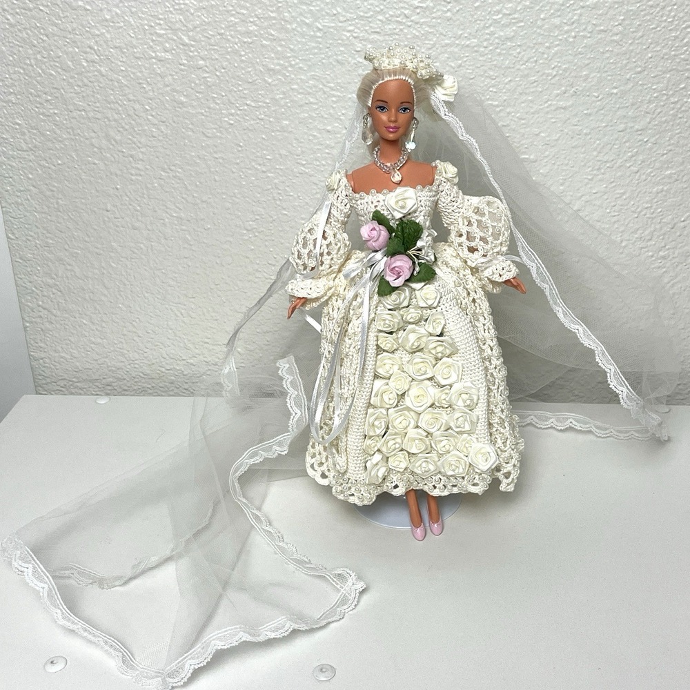 OOAK Barbie‎ Bride Doll Handmade Crochet Wedding Gown Veil Platinum Blonde